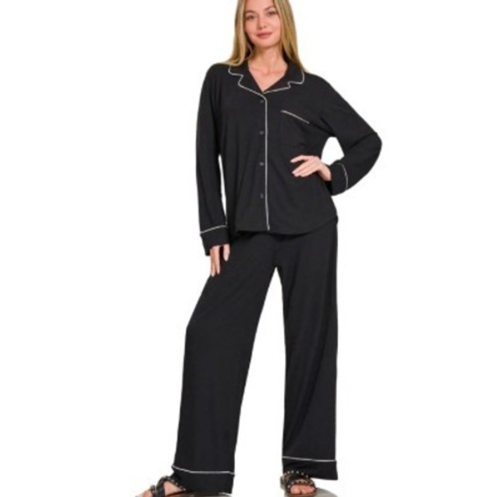 Zenana Womens Pajama Set Black Long Sleeve Button Down Wide Leg Sleepwear M